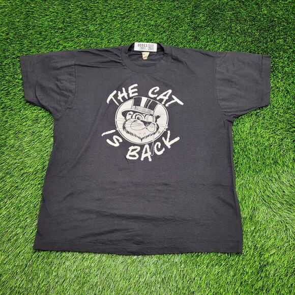 Vintage 90s Funny Cat Shirt L/XL 21x24 Black Russell Tuxedos The-Cat-is-Back - Picture 1 of 14